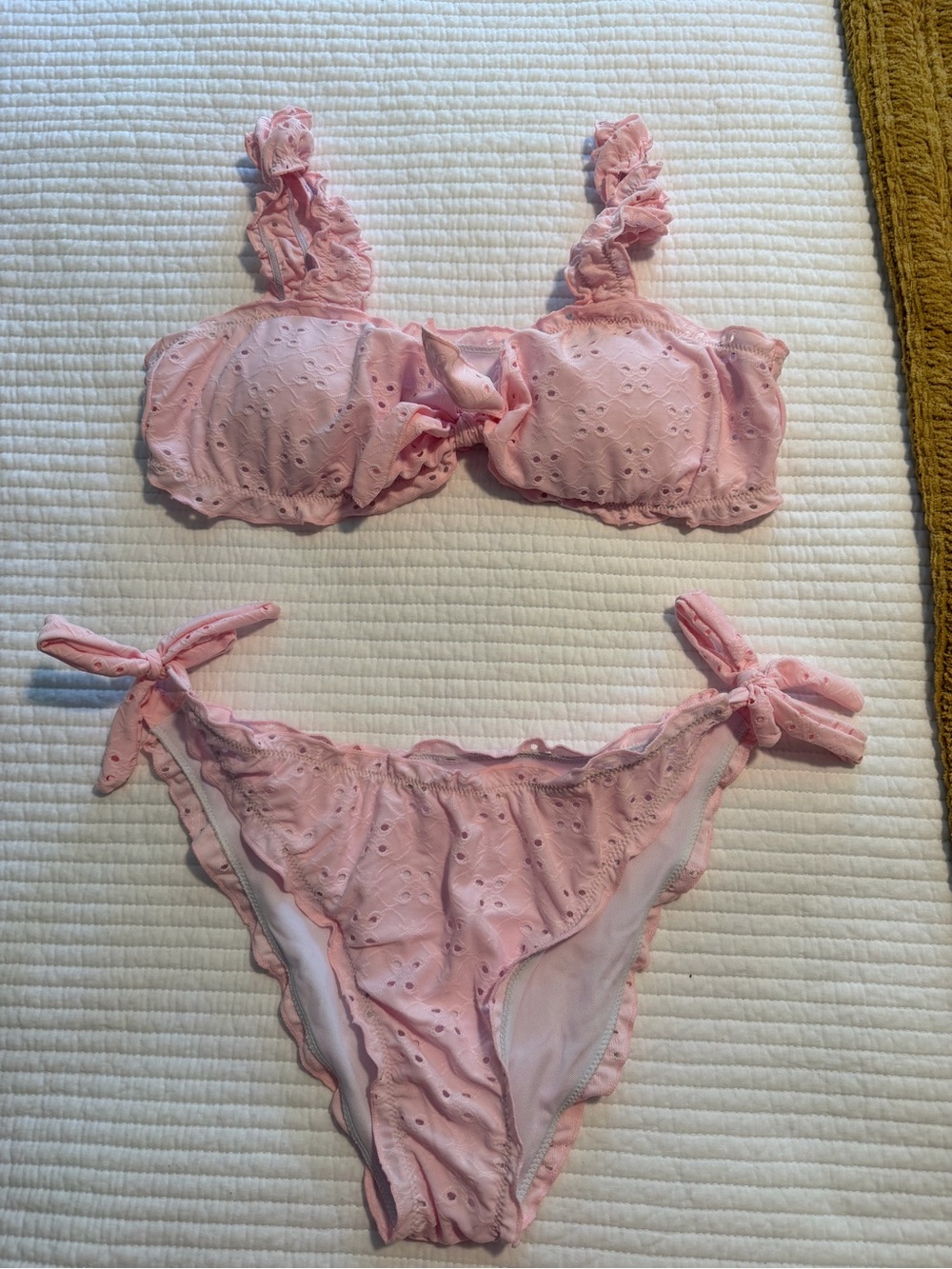 SHEIN Pink Eyelet Ruffle Tie-Side Bikini Set